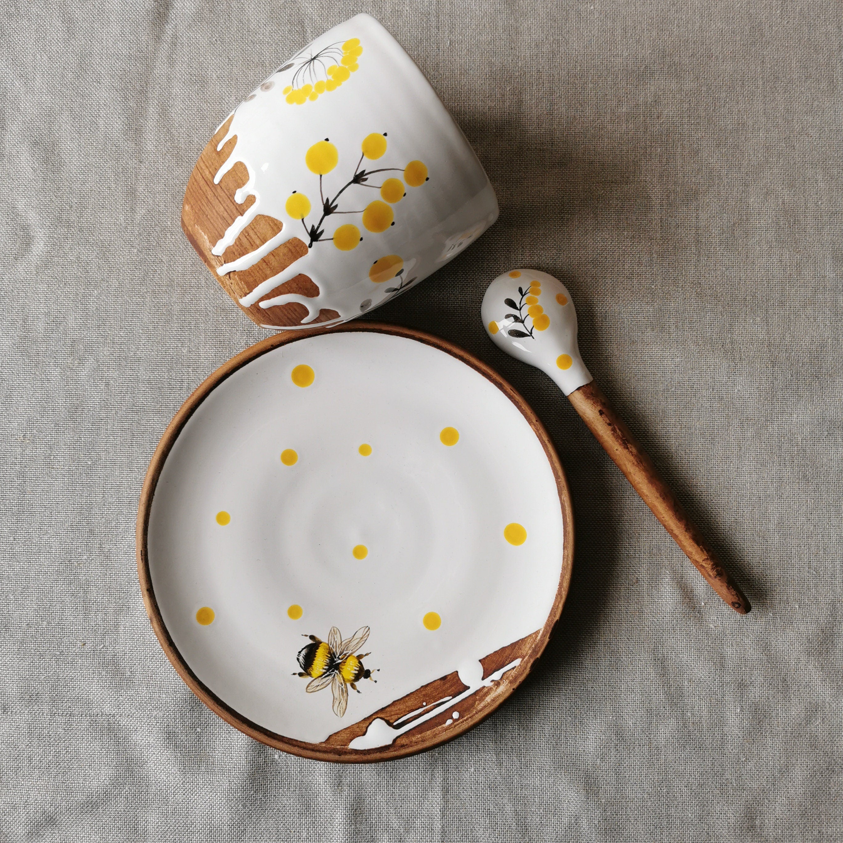 Handmade Mug And Saucer: Bumblebee Painted Tea Set