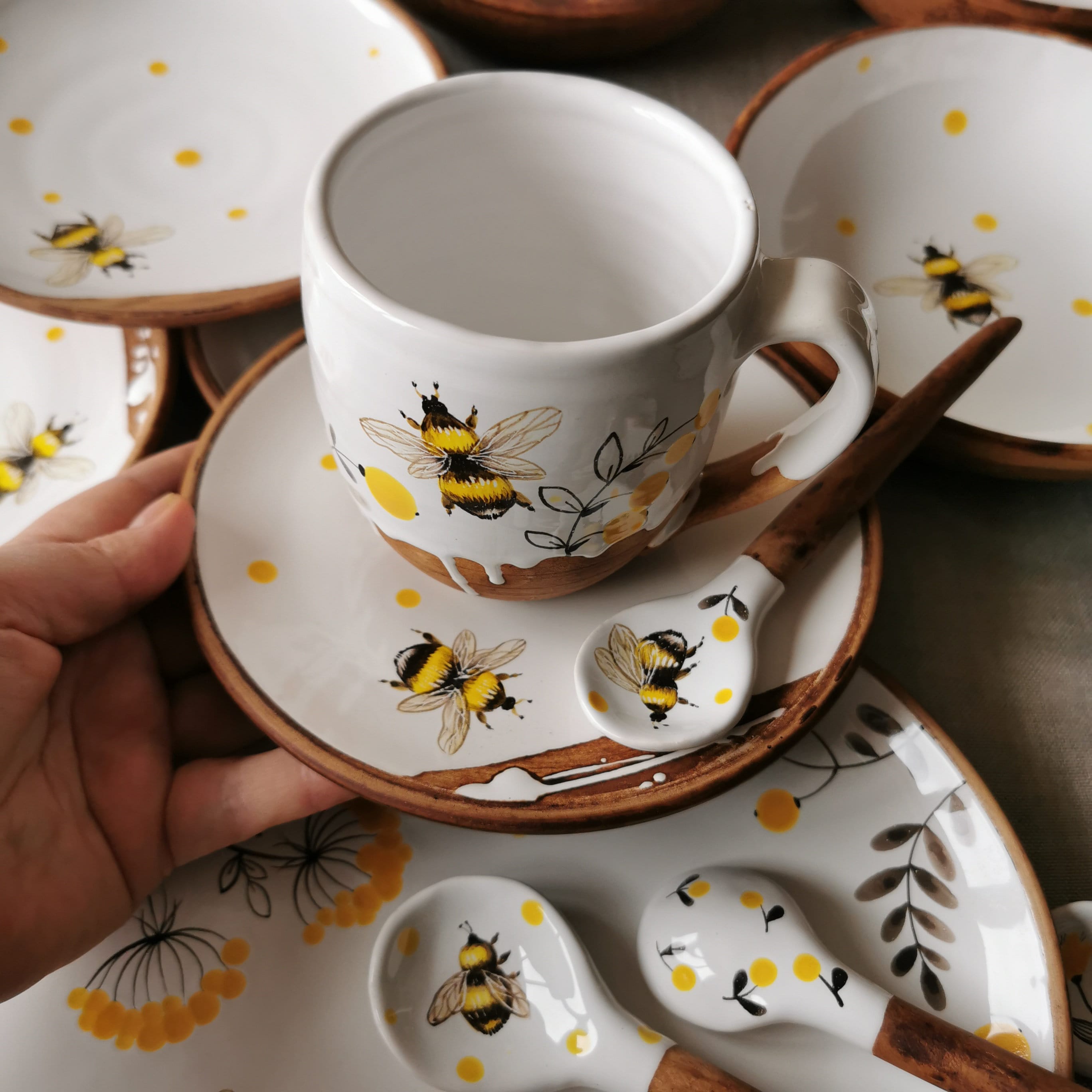 Handmade Mug And Saucer: Bumblebee Painted Tea Set