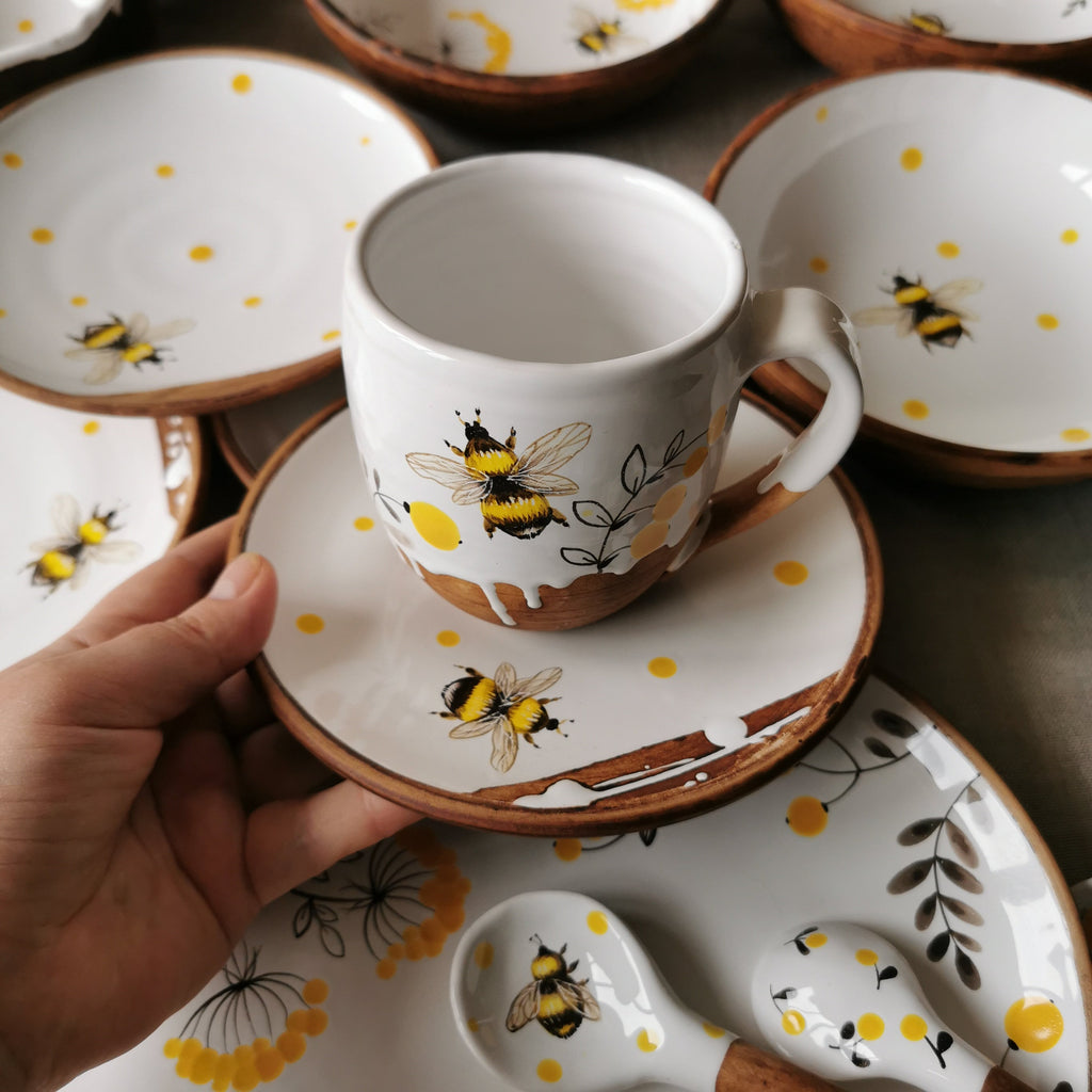 Handmade Mug And Saucer: Bumblebee Painted Tea Set
