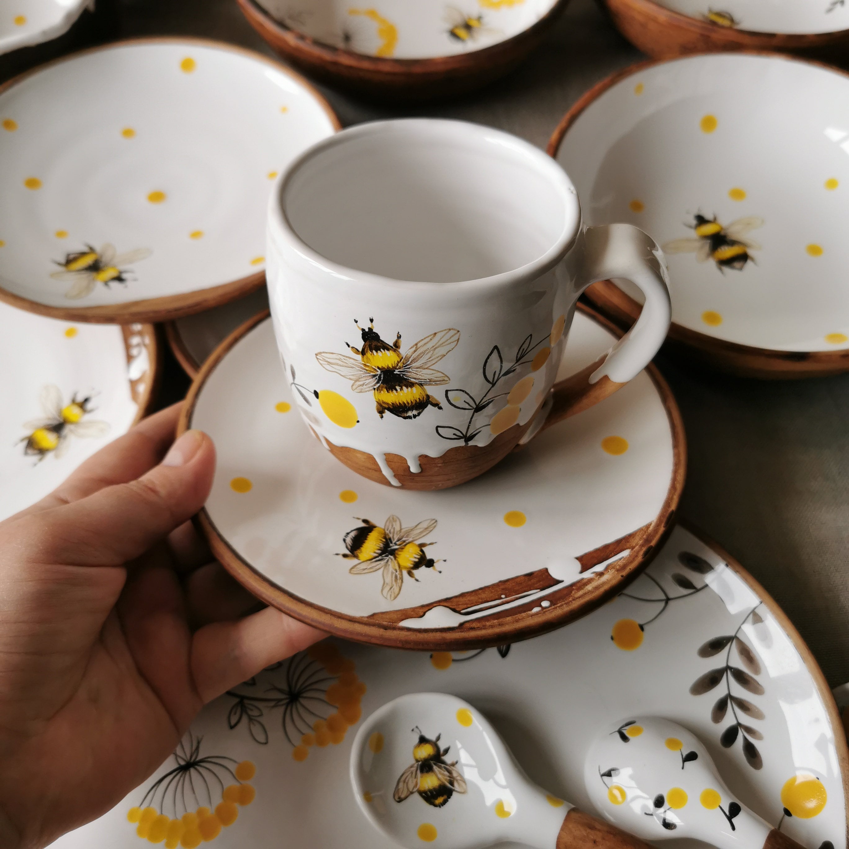 Handmade Mug And Saucer: Bumblebee Painted Tea Set