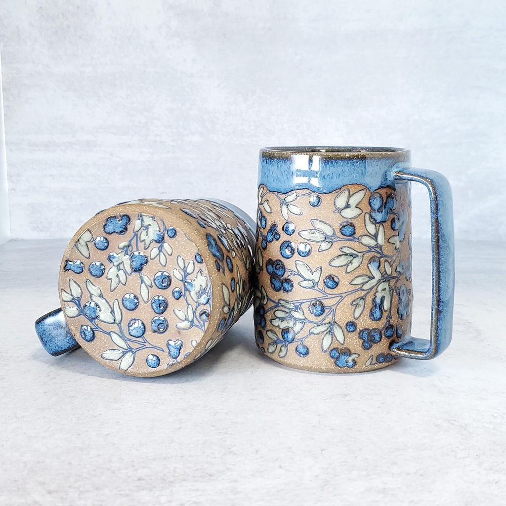 Coffee Cup, Coffee Mug, Handmade Ceramic Mug, Handled Mug, Blueberry Design, Hazelnut Clay, Decoratively Glazed Mug