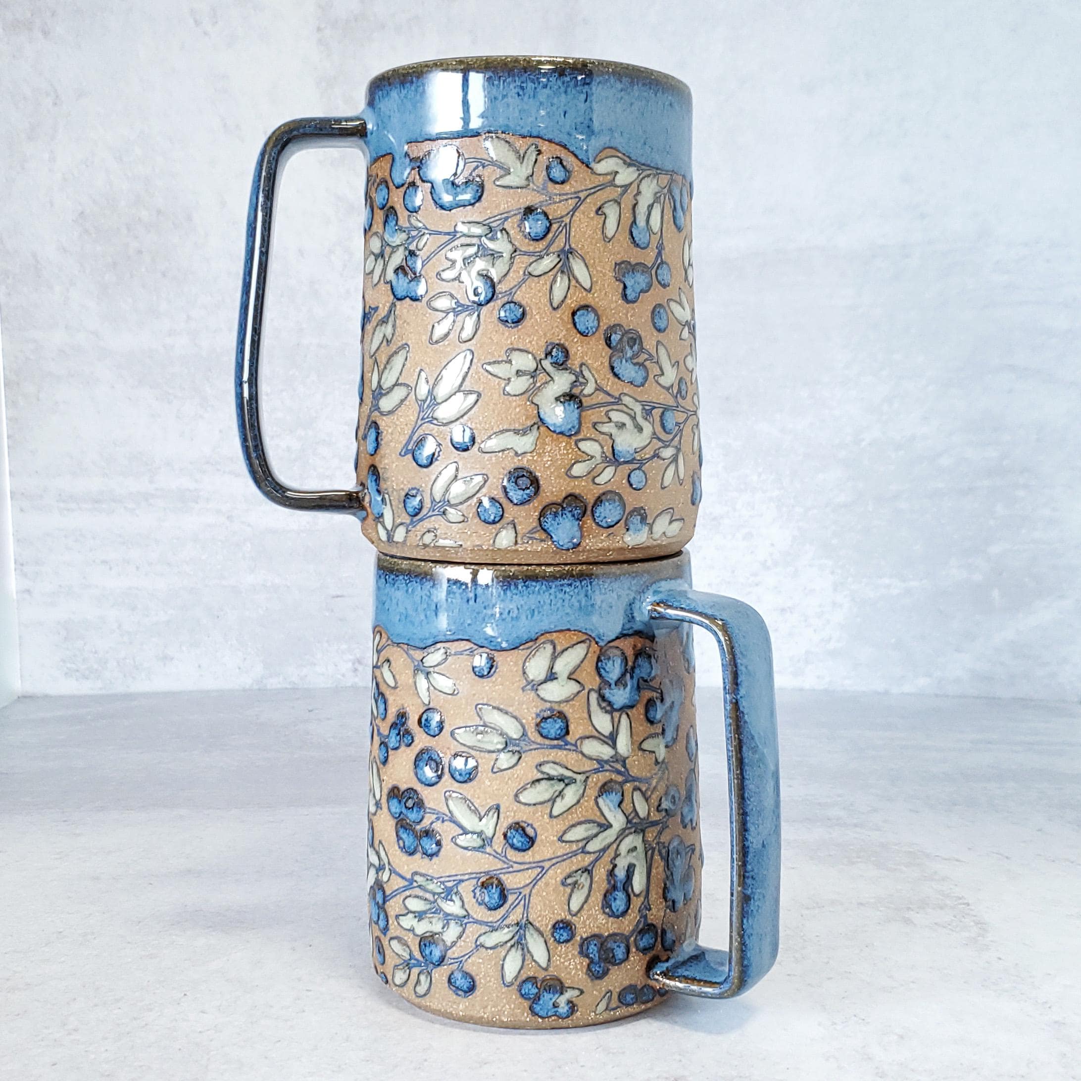 Coffee Cup, Coffee Mug, Handmade Ceramic Mug, Handled Mug, Blueberry Design, Hazelnut Clay, Decoratively Glazed Mug