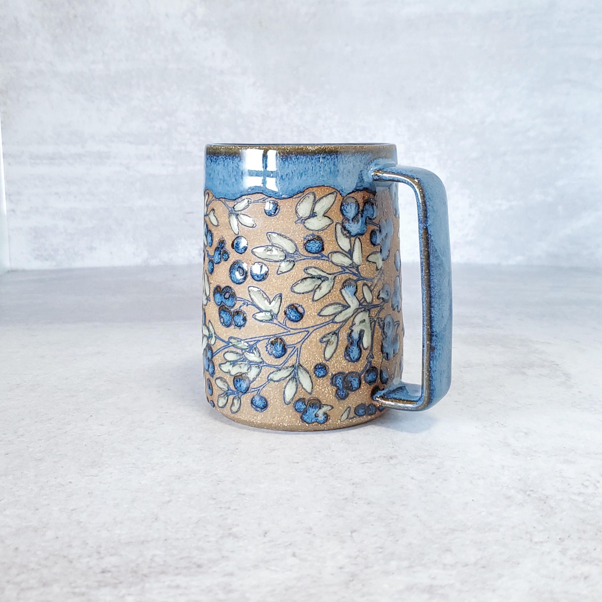 Coffee Cup, Coffee Mug, Handmade Ceramic Mug, Handled Mug, Blueberry Design, Hazelnut Clay, Decoratively Glazed Mug