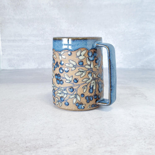 Coffee Cup, Coffee Mug, Handmade Ceramic Mug, Handled Mug, Blueberry Design, Hazelnut Clay, Decoratively Glazed Mug