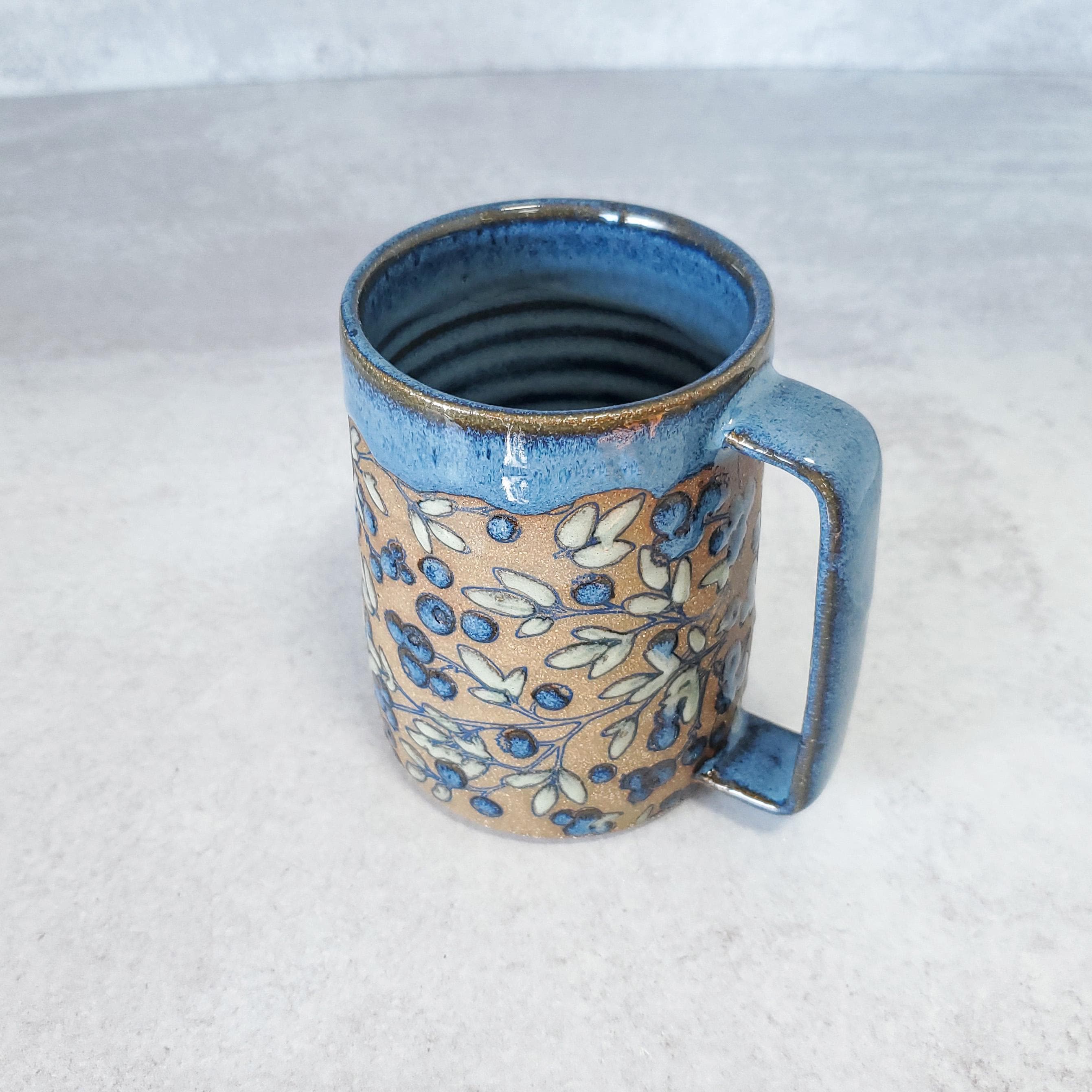 Coffee Cup, Coffee Mug, Handmade Ceramic Mug, Handled Mug, Blueberry Design, Hazelnut Clay, Decoratively Glazed Mug