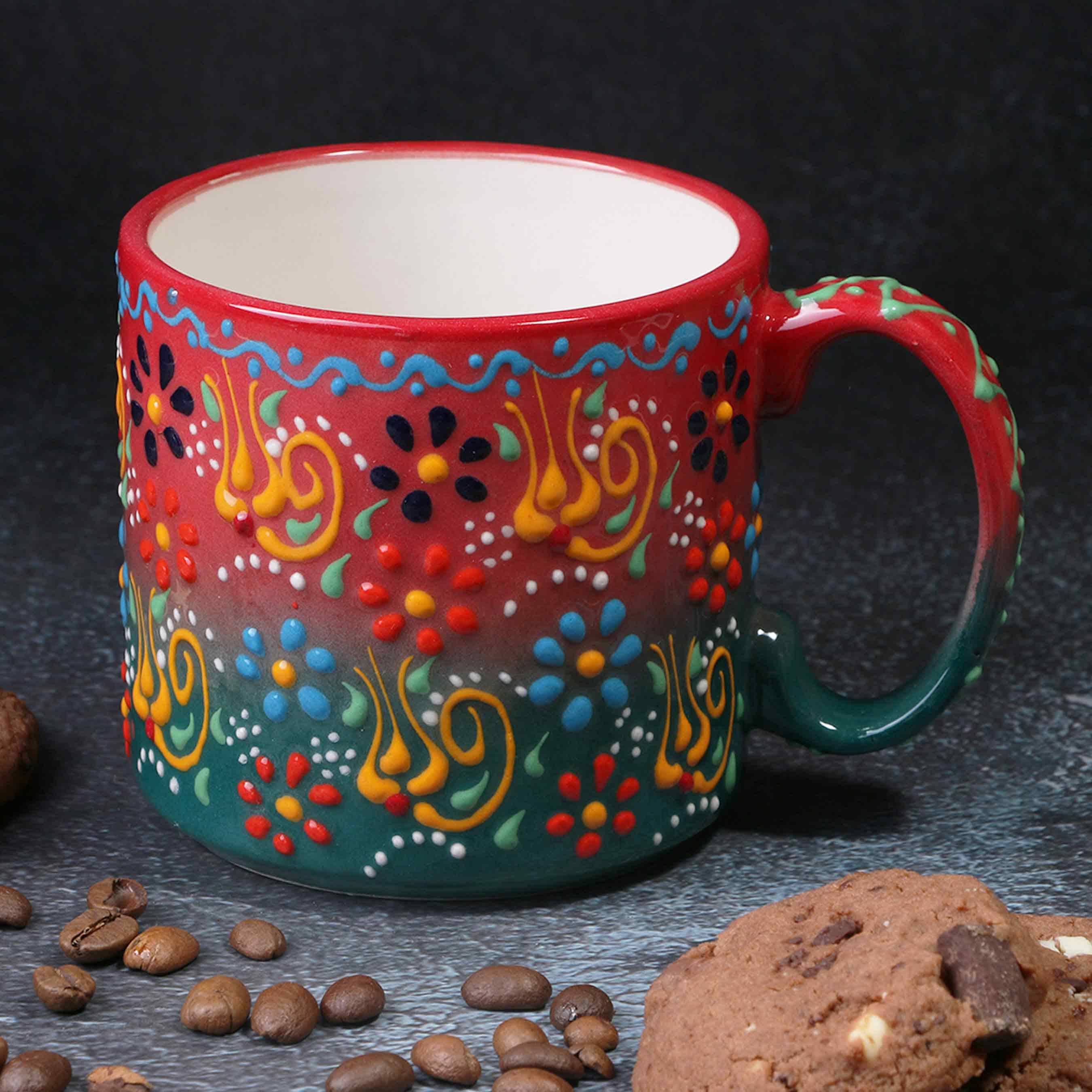 Handmade Ceramic Coffee Mug Set: Turkish Painted Mugs, 12 Oz Coffee Cups