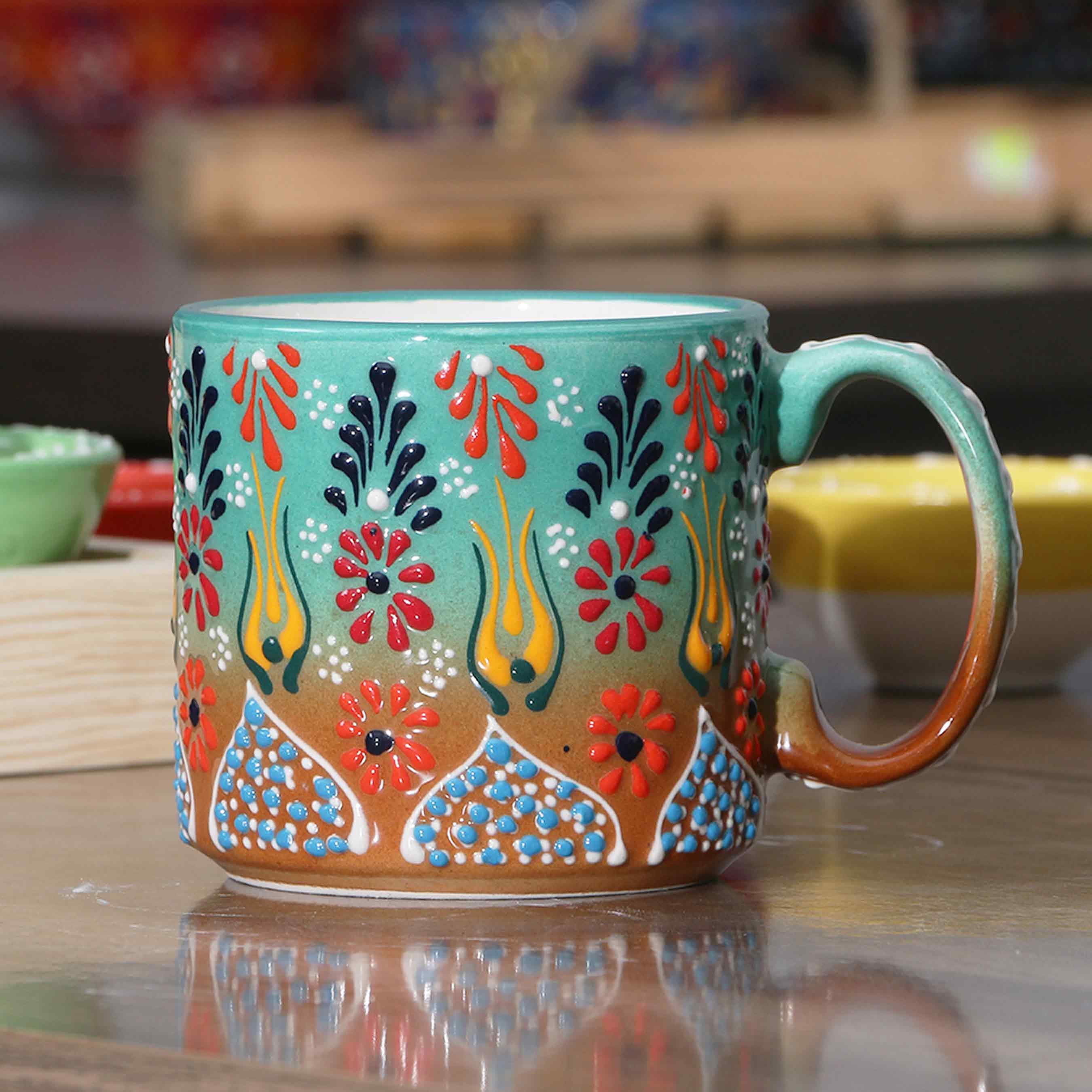 Handmade Ceramic Coffee Mug Set: Turkish Painted Mugs, 12 Oz Coffee Cups