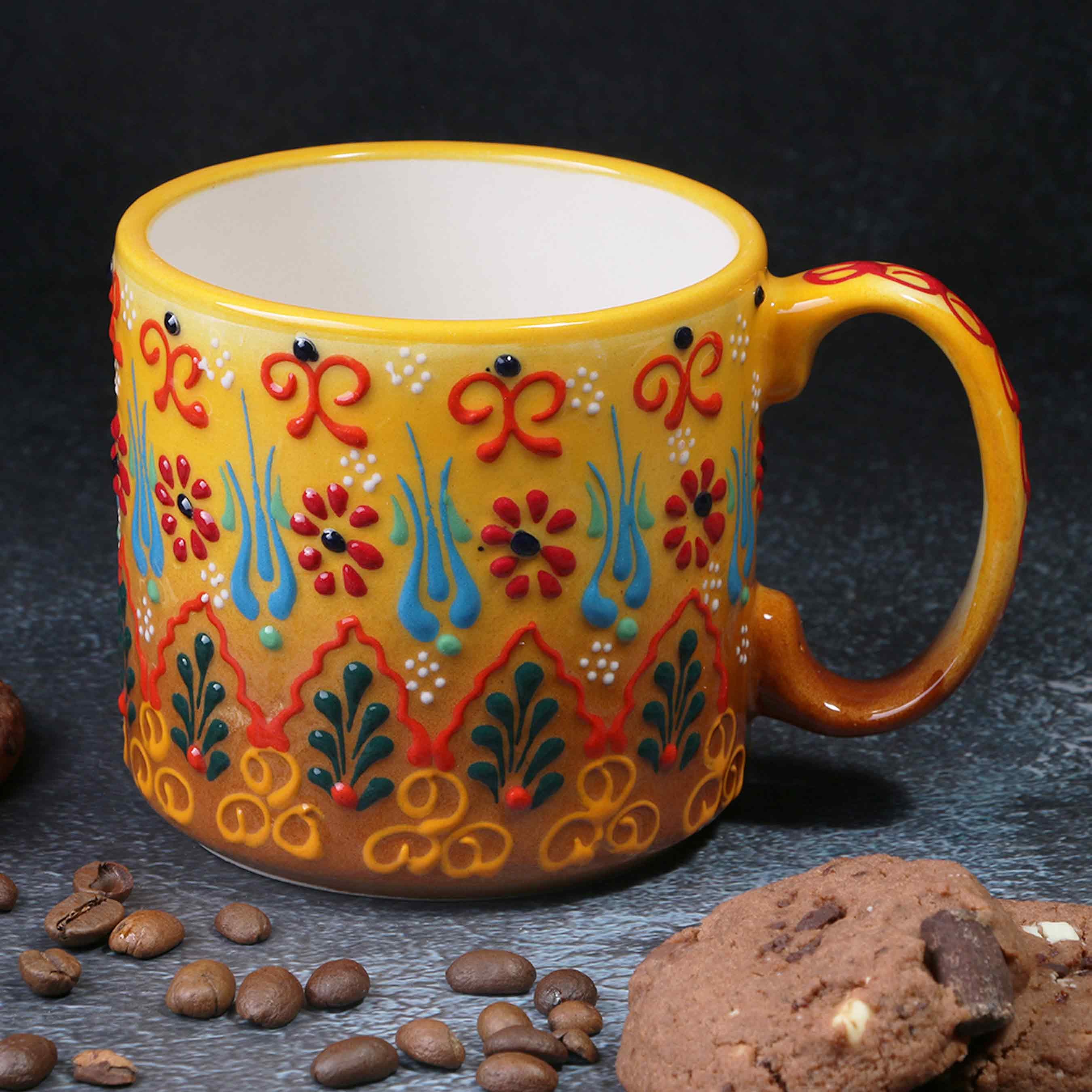 Handmade Ceramic Coffee Mug Set: Turkish Painted Mugs, 12 Oz Coffee Cups