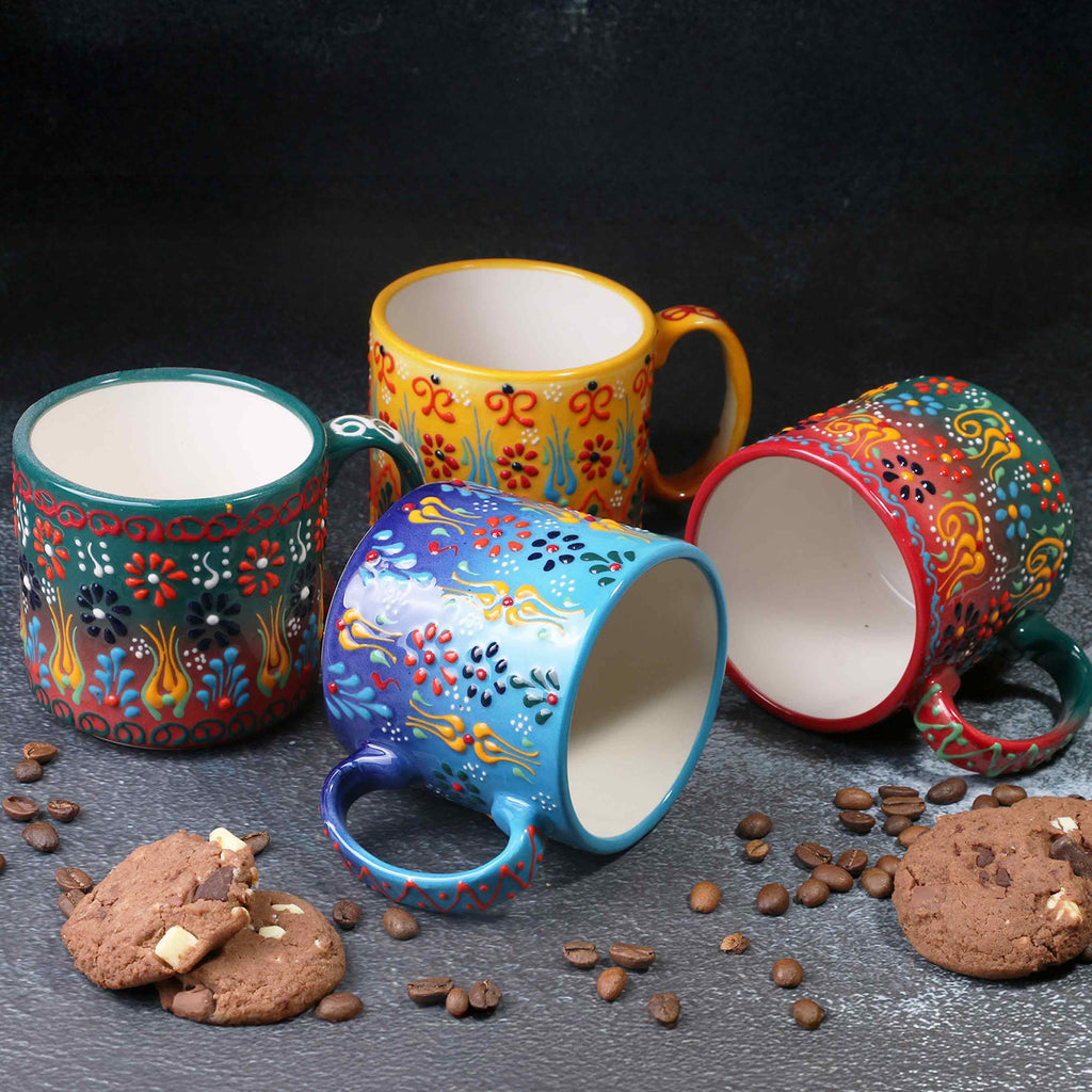 Handmade Ceramic Coffee Mug Set: Turkish Painted Mugs, 12 Oz Coffee Cups