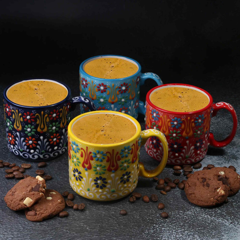 Handmade Ceramic Coffee Mug Set: Turkish Painted Mugs, 12 Oz Coffee Cups