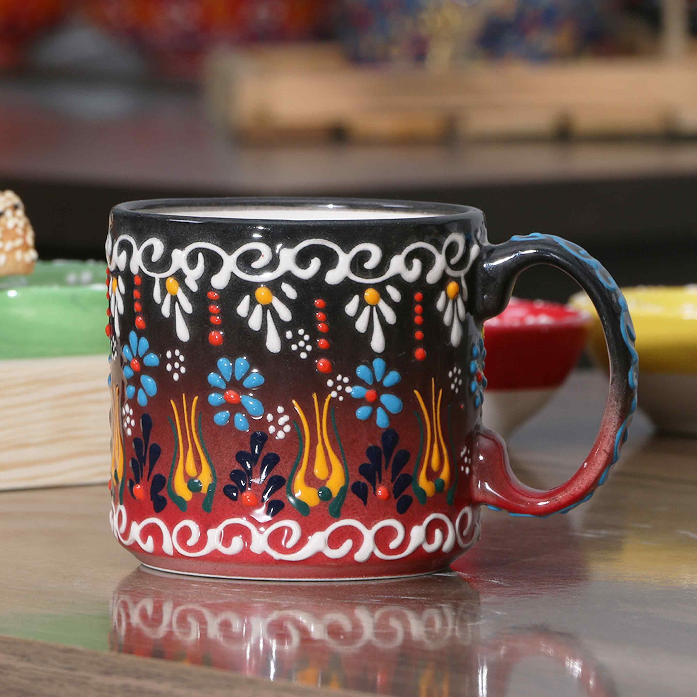 Handmade Ceramic Coffee Mug Set: Turkish Painted Mugs, 12 Oz Coffee Cups