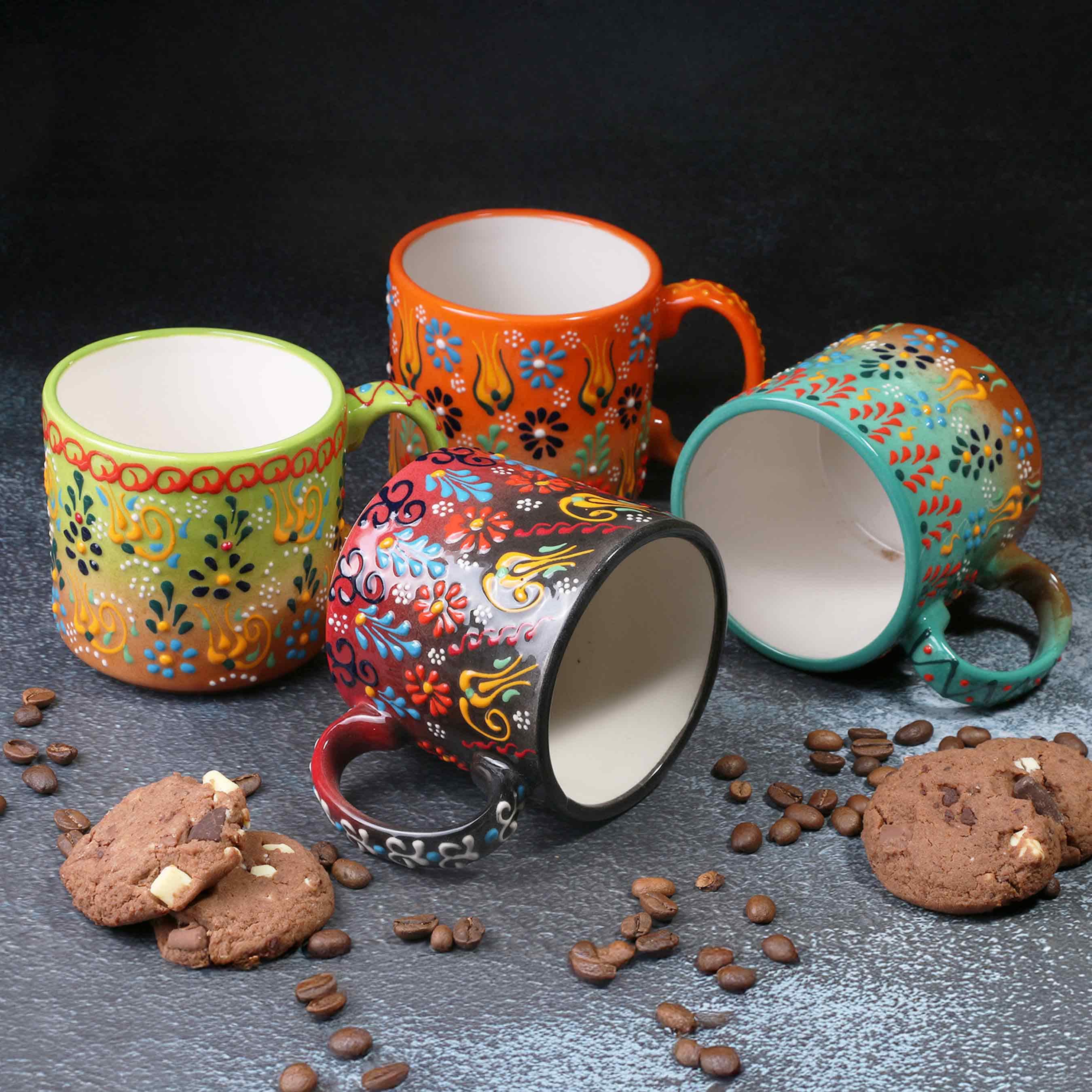Handmade Ceramic Coffee Mug Set: Turkish Painted Mugs, 12 Oz Coffee Cups