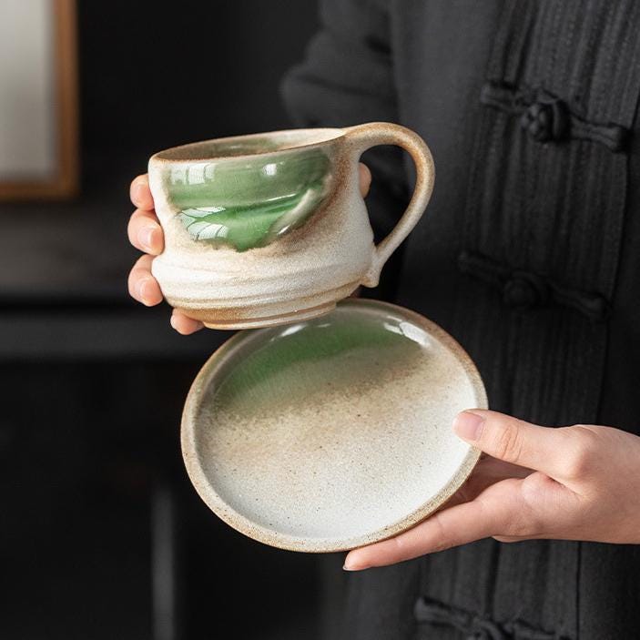 Handmade Rustic Kiln-changed Glaze Ceramic Mug 260ml | Wabi Sabi Stoneware Coffee Cup & Saucer Set | Japanese Style Tea Cup