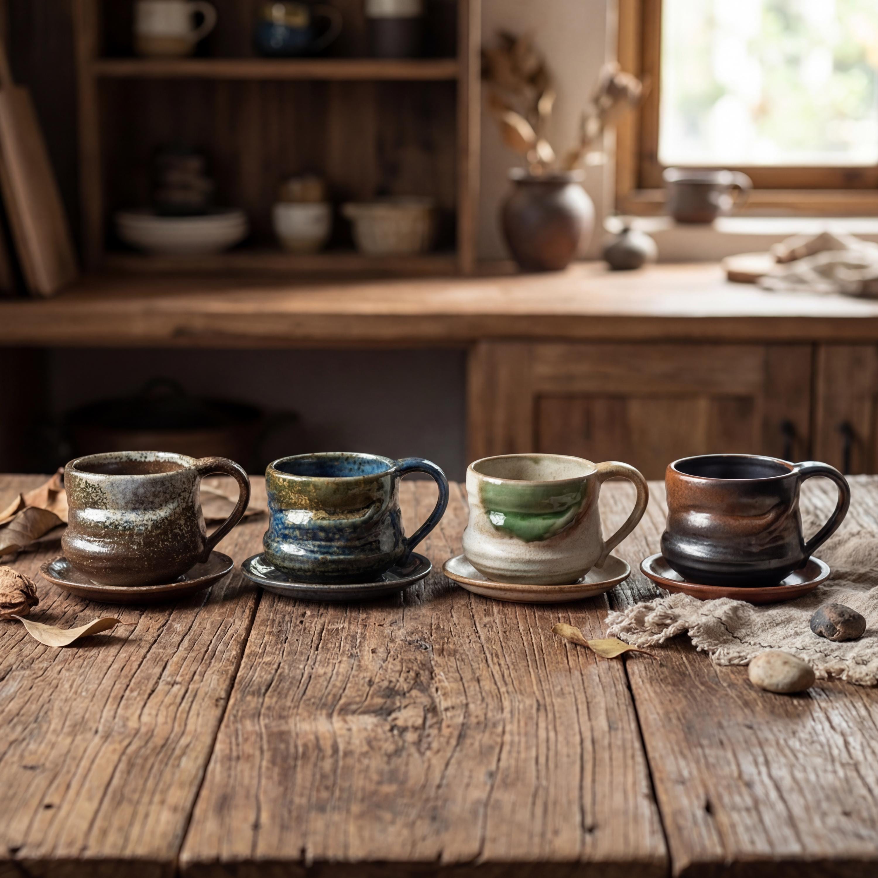 Handmade Rustic Kiln-changed Glaze Ceramic Mug 260ml | Wabi Sabi Stoneware Coffee Cup & Saucer Set | Japanese Style Tea Cup