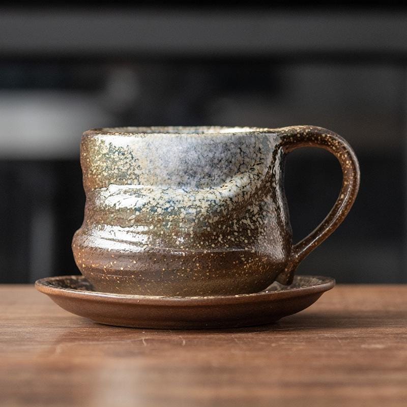 Handmade Rustic Kiln-changed Glaze Ceramic Mug 260ml | Wabi Sabi Stoneware Coffee Cup & Saucer Set | Japanese Style Tea Cup