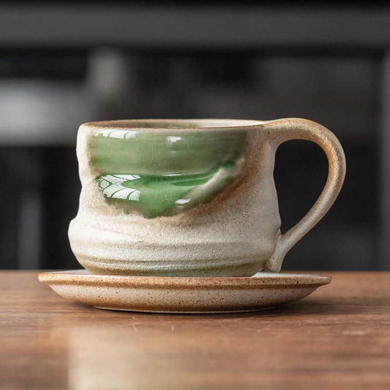 Handmade Rustic Kiln-changed Glaze Ceramic Mug 260ml | Wabi Sabi Stoneware Coffee Cup & Saucer Set | Japanese Style Tea Cup