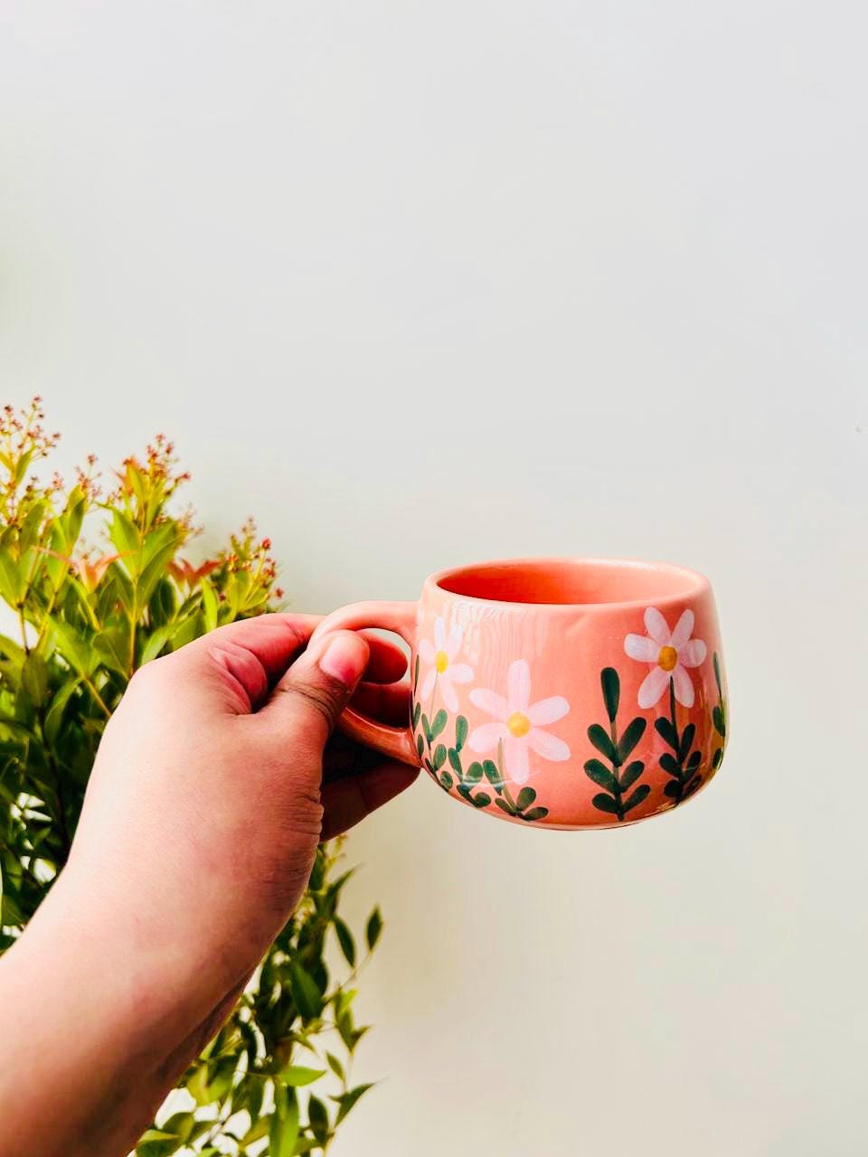 Hand Painted Floral Ceramic Mug, Retro Coffee Cup, Unique Tea Mug, Easter Gifts, Valentines Day, Galentines Day