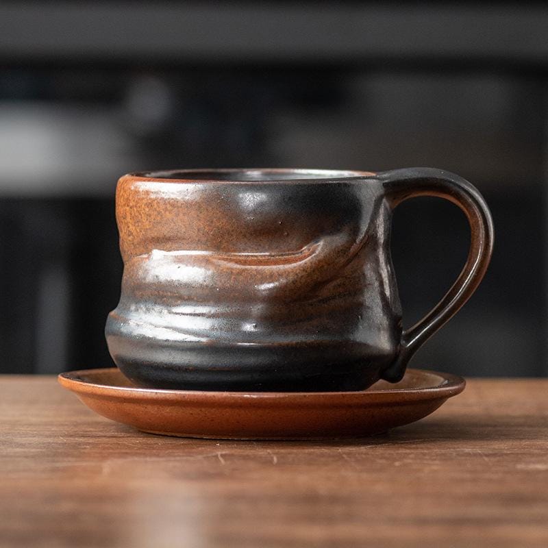 Handmade Rustic Kiln-changed Glaze Ceramic Mug 260ml | Wabi Sabi Stoneware Coffee Cup & Saucer Set | Japanese Style Tea Cup