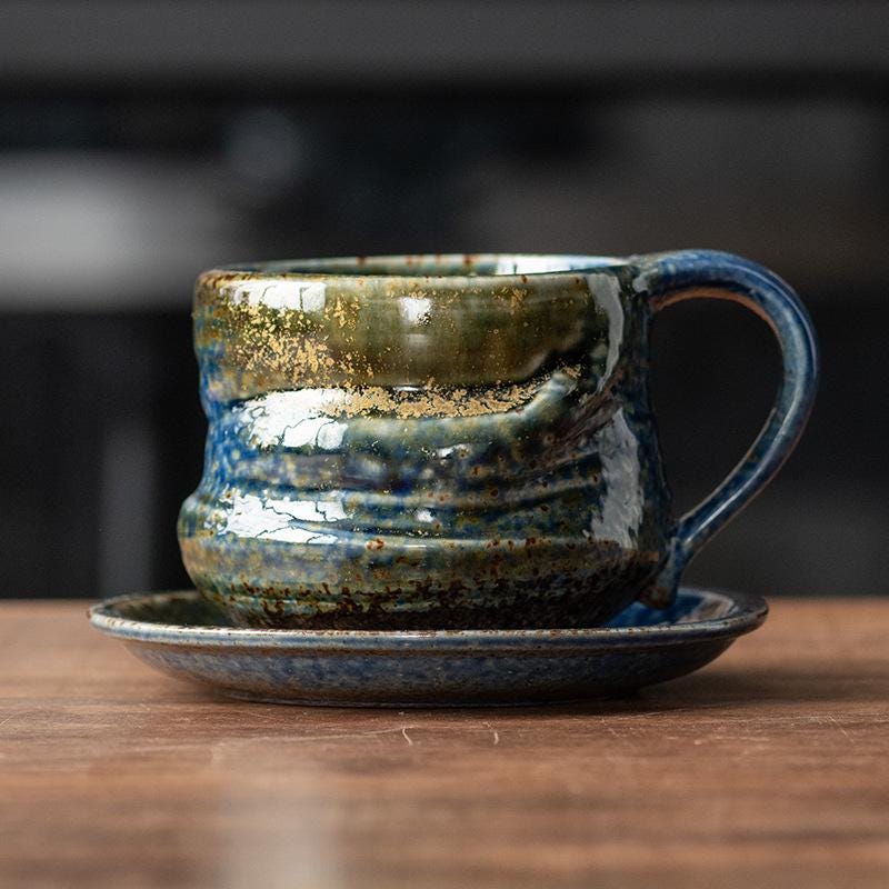 Handmade Rustic Kiln-changed Glaze Ceramic Mug 260ml | Wabi Sabi Stoneware Coffee Cup & Saucer Set | Japanese Style Tea Cup