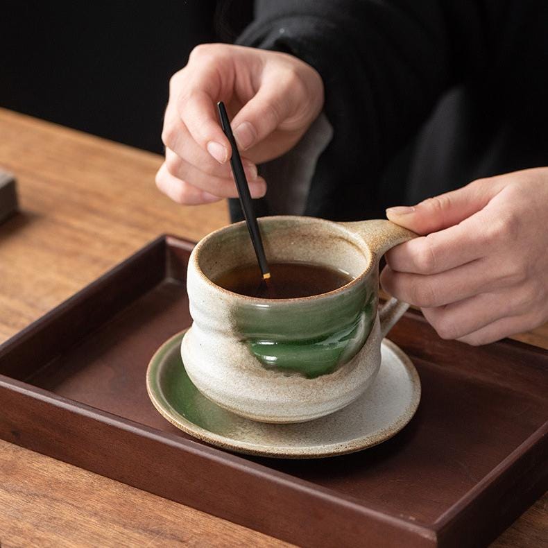 Handmade Rustic Kiln-changed Glaze Ceramic Mug 260ml | Wabi Sabi Stoneware Coffee Cup & Saucer Set | Japanese Style Tea Cup
