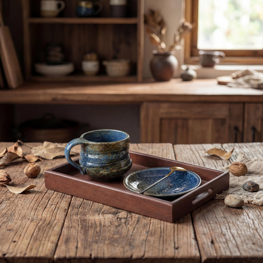 Handmade Rustic Kiln-changed Glaze Ceramic Mug 260ml | Wabi Sabi Stoneware Coffee Cup & Saucer Set | Japanese Style Tea Cup
