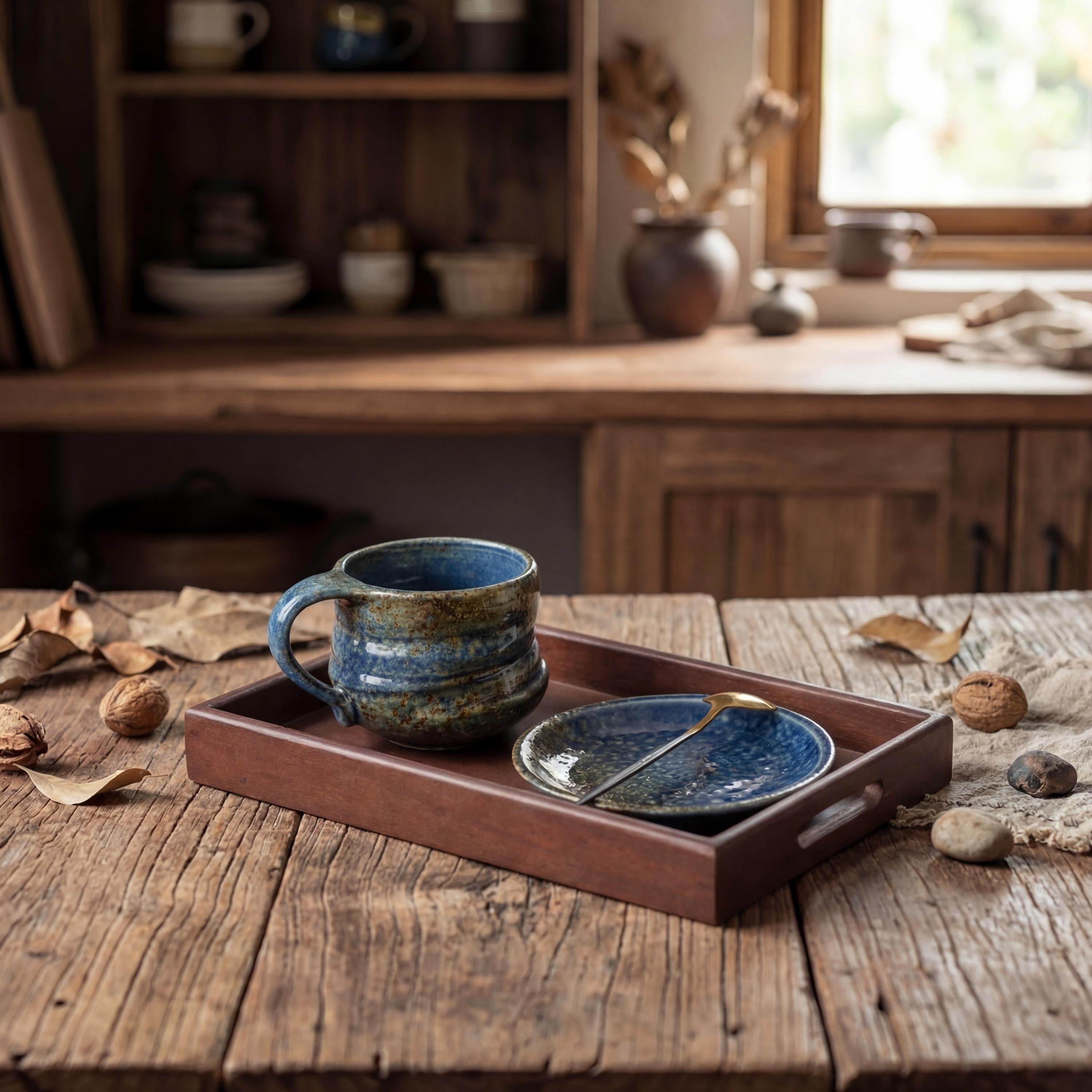 Handmade Rustic Kiln-changed Glaze Ceramic Mug 260ml | Wabi Sabi Stoneware Coffee Cup & Saucer Set | Japanese Style Tea Cup