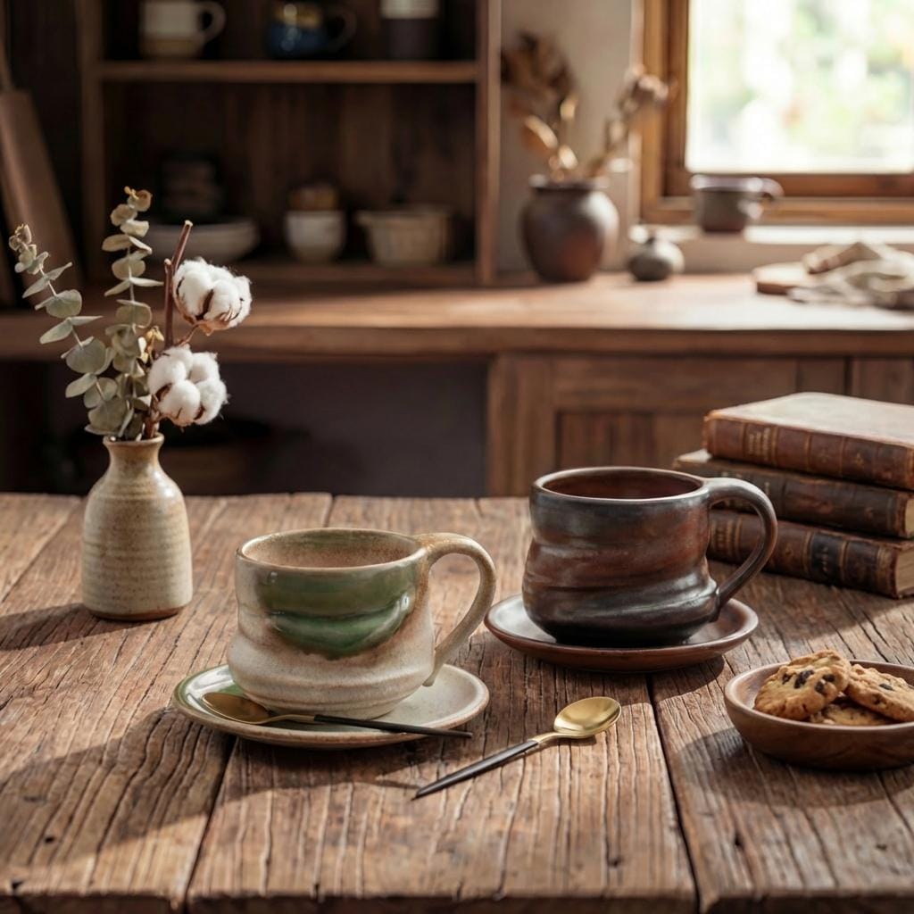Handmade Rustic Kiln-changed Glaze Ceramic Mug 260ml | Wabi Sabi Stoneware Coffee Cup & Saucer Set | Japanese Style Tea Cup