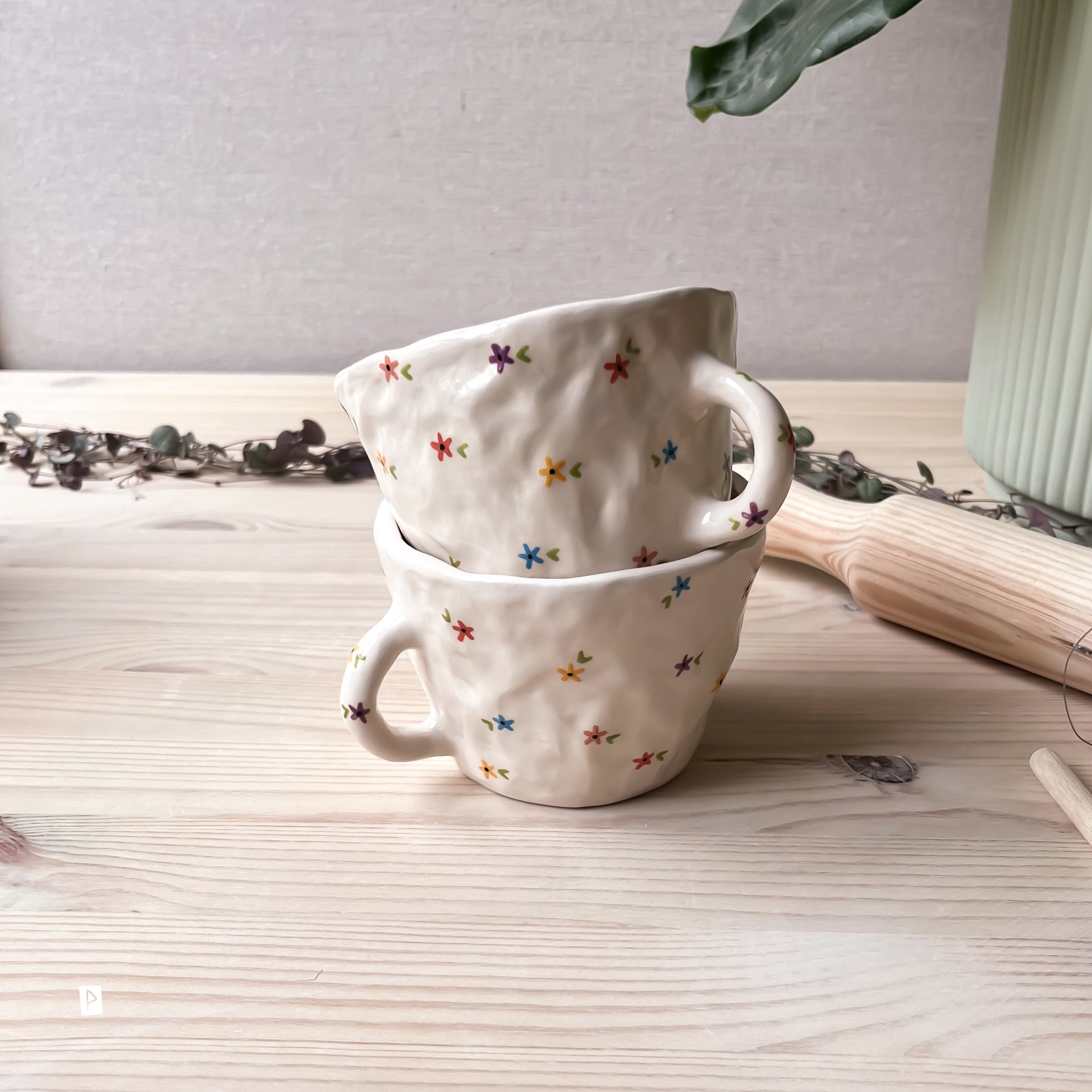Taza Con Flores, Taza De Cerámica Artesanal, Taza De Café