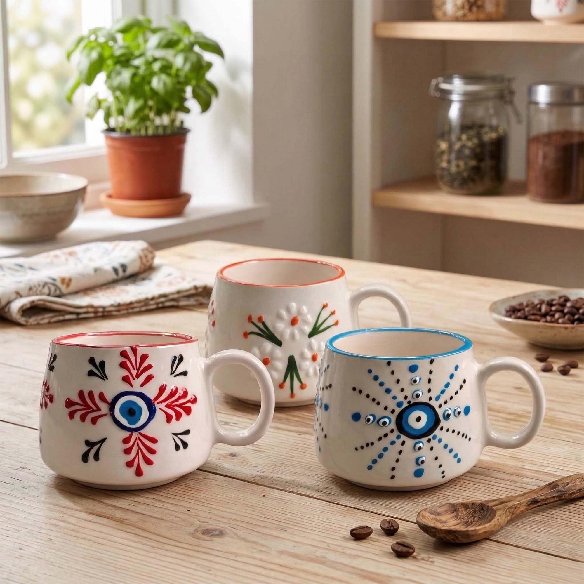 Handmade Ceramic Mug, Evil Eye Coffee Cup, Handmade Pottery Mug, 6 Oz Stoneware Espresso Cup, Turkish Coffee Mug, Daisy Branch Mug