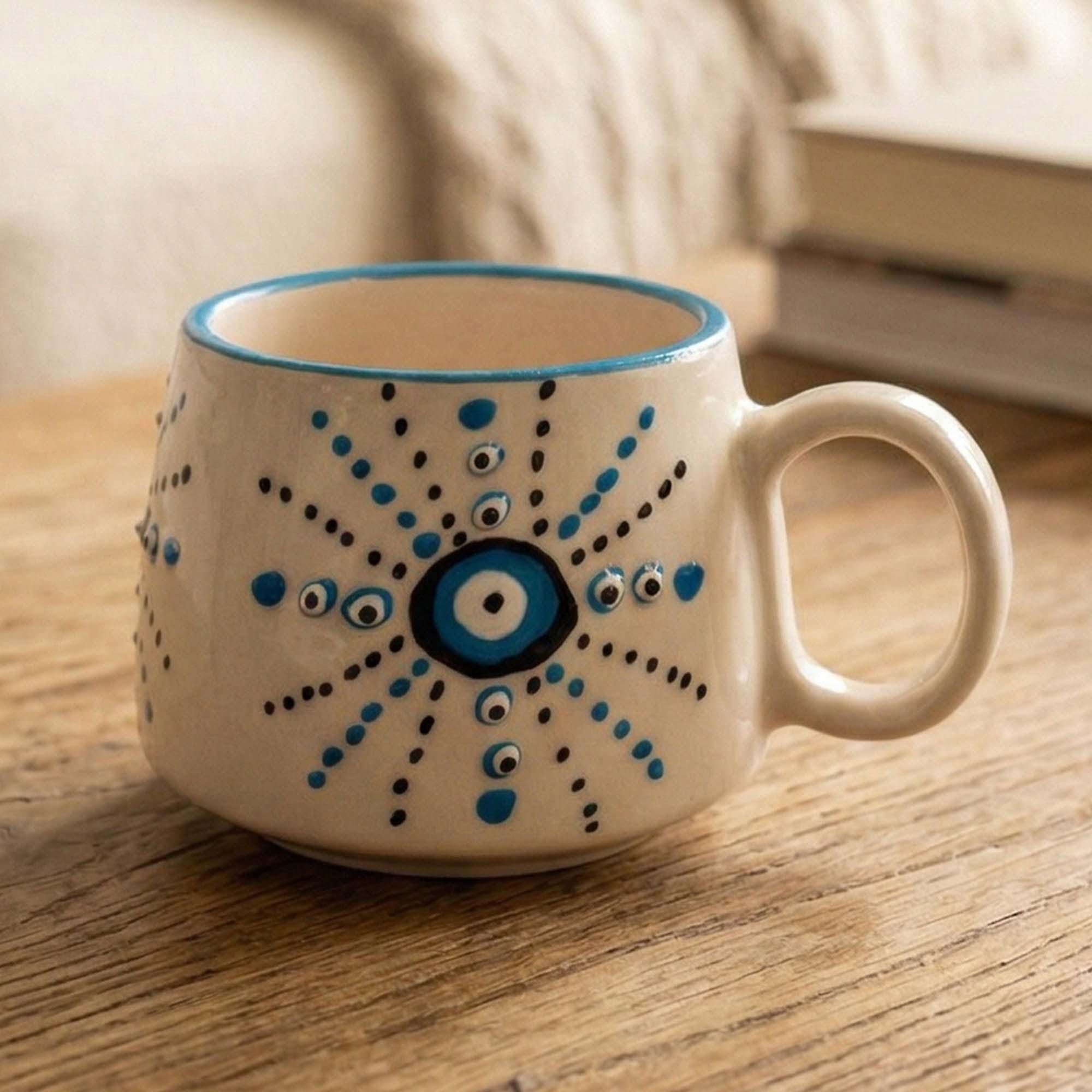 Handmade Ceramic Mug, Evil Eye Coffee Cup, Handmade Pottery Mug, 6 Oz Stoneware Espresso Cup, Turkish Coffee Mug, Daisy Branch Mug