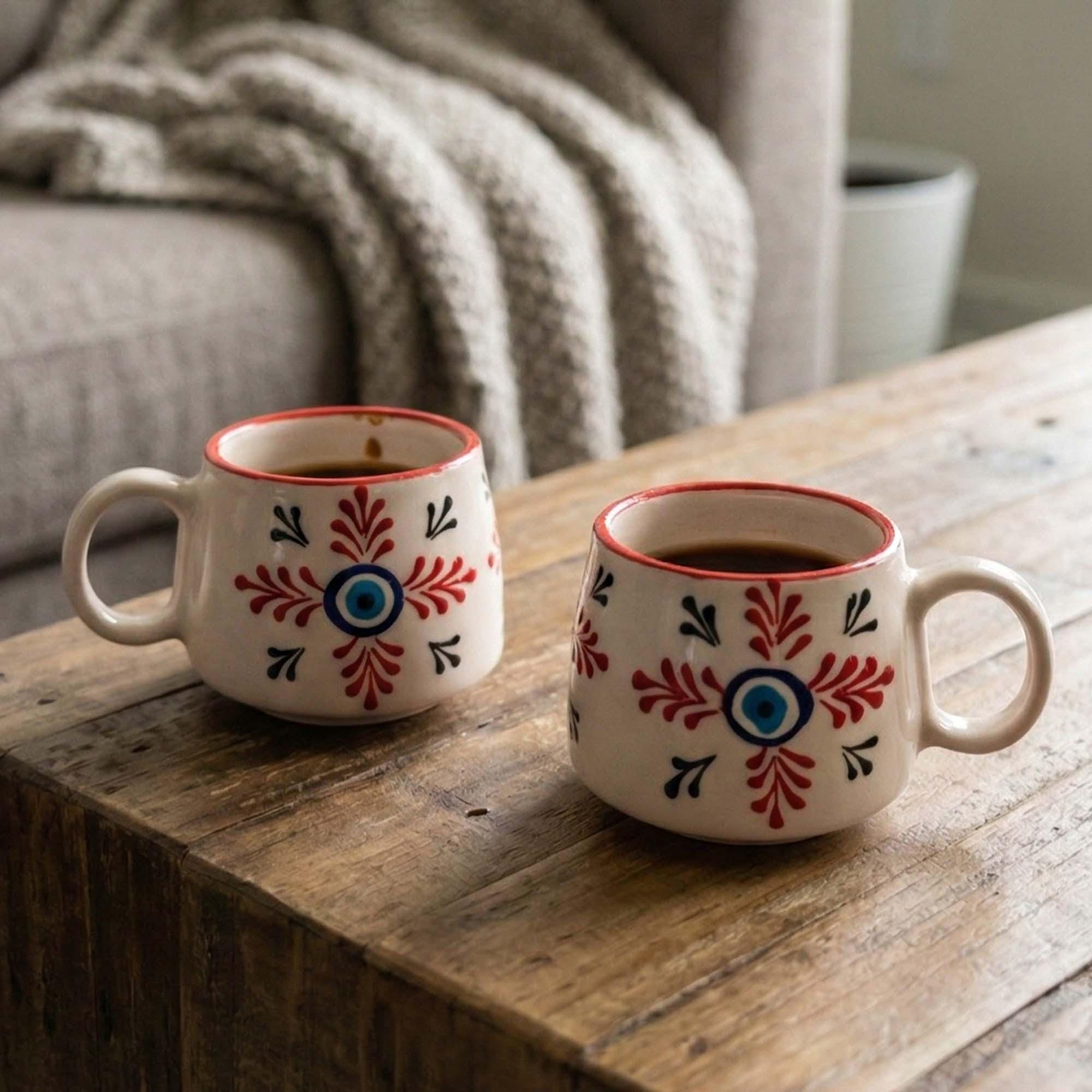Handmade Ceramic Mug, Evil Eye Coffee Cup, Handmade Pottery Mug, 6 Oz Stoneware Espresso Cup, Turkish Coffee Mug, Daisy Branch Mug