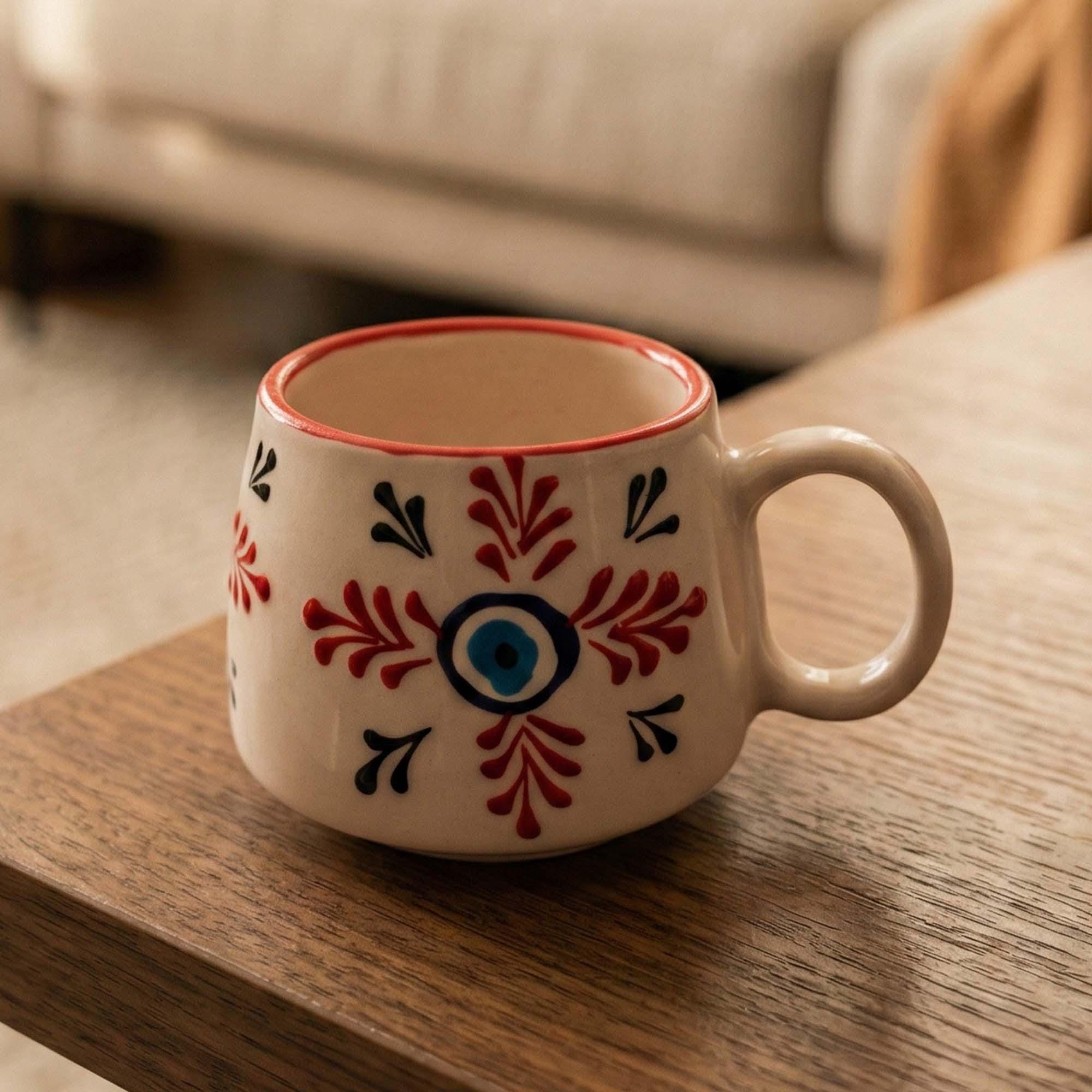 Handmade Ceramic Mug, Evil Eye Coffee Cup, Handmade Pottery Mug, 6 Oz Stoneware Espresso Cup, Turkish Coffee Mug, Daisy Branch Mug