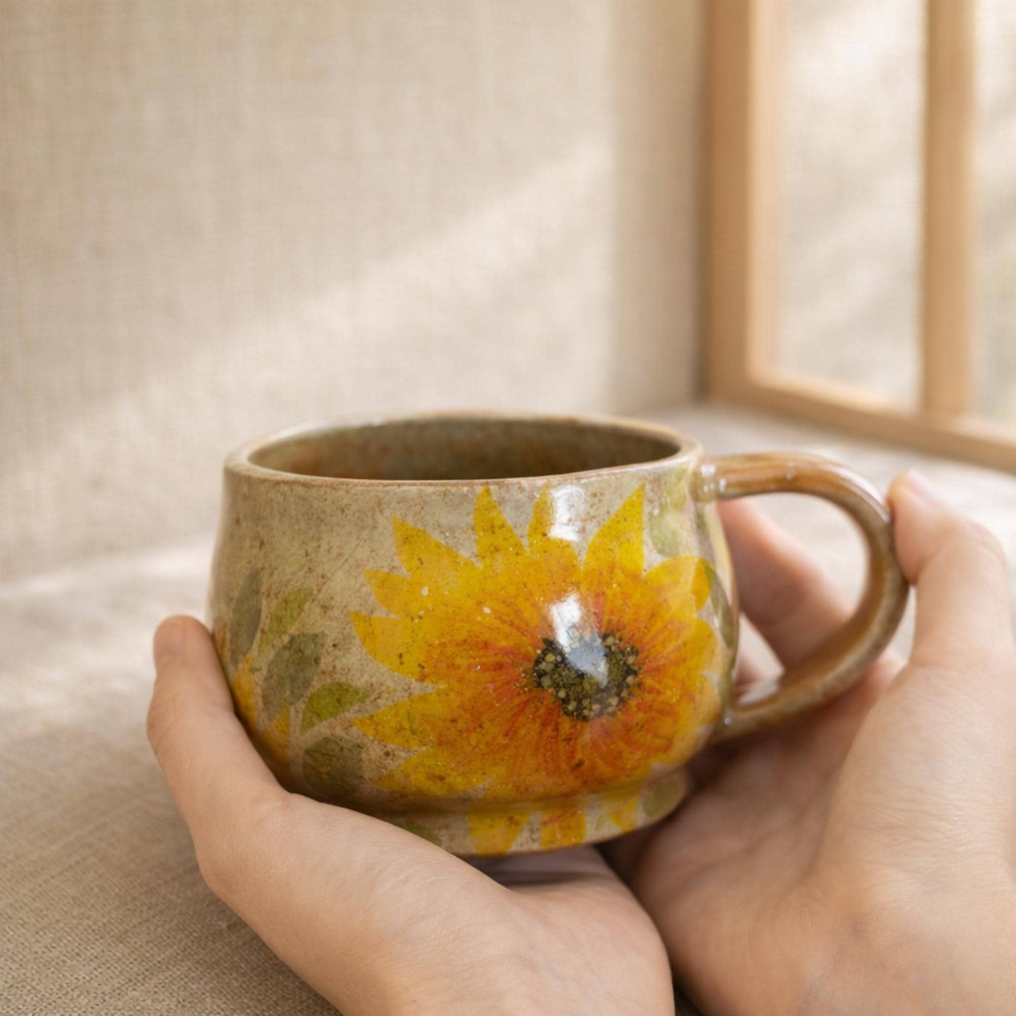Handmade Sunflower Ceramic Coffee Mug, Hand Painted Floral Mug, Rustic Pottery Coffee Cup, Engagement Gift, Gift For Her