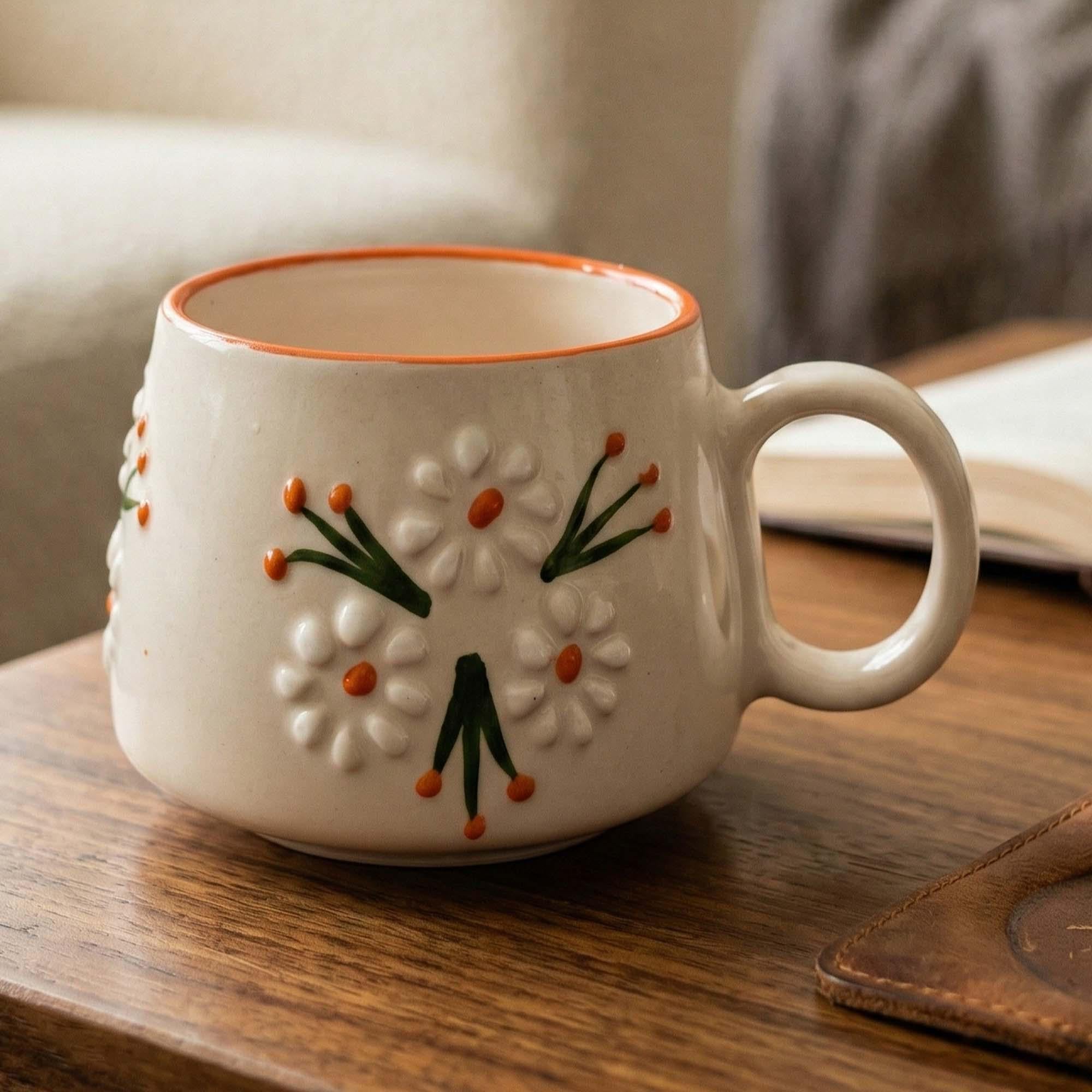 Handmade Ceramic Mug, Evil Eye Coffee Cup, Handmade Pottery Mug, 6 Oz Stoneware Espresso Cup, Turkish Coffee Mug, Daisy Branch Mug