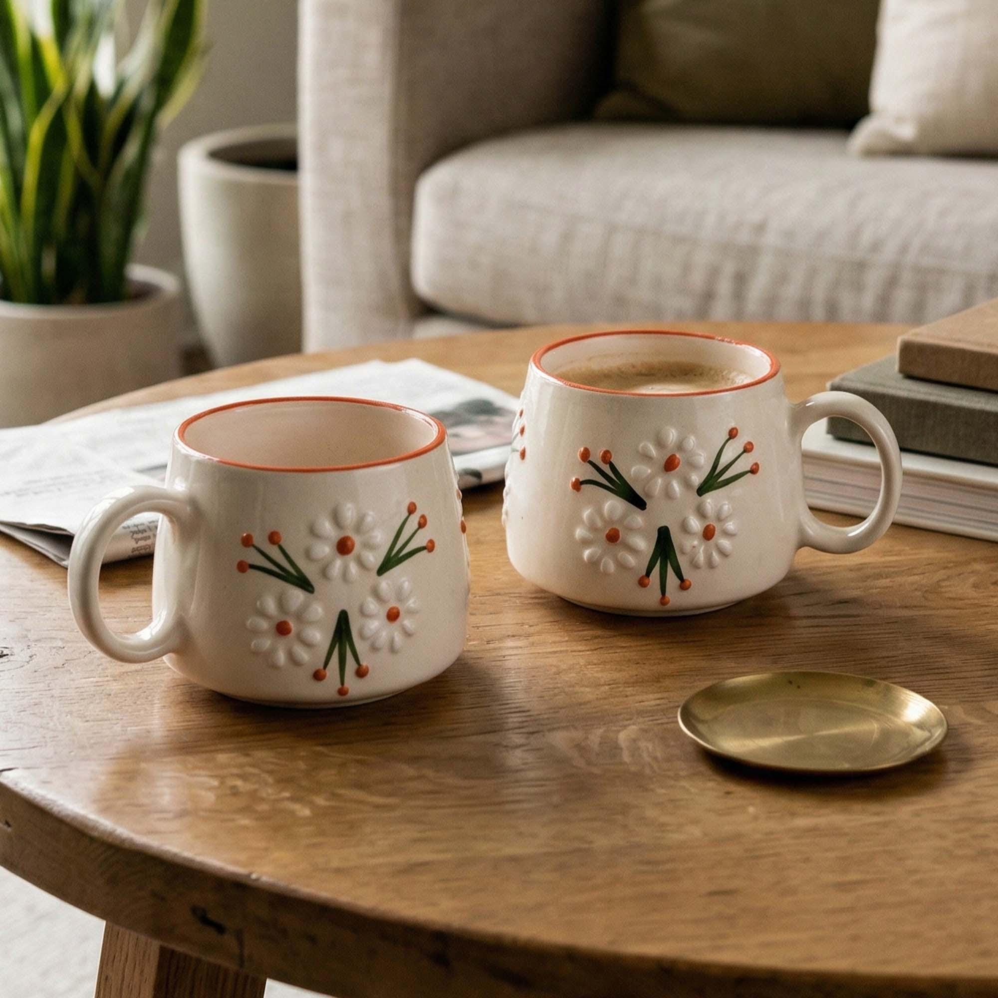 Handmade Ceramic Mug, Evil Eye Coffee Cup, Handmade Pottery Mug, 6 Oz Stoneware Espresso Cup, Turkish Coffee Mug, Daisy Branch Mug
