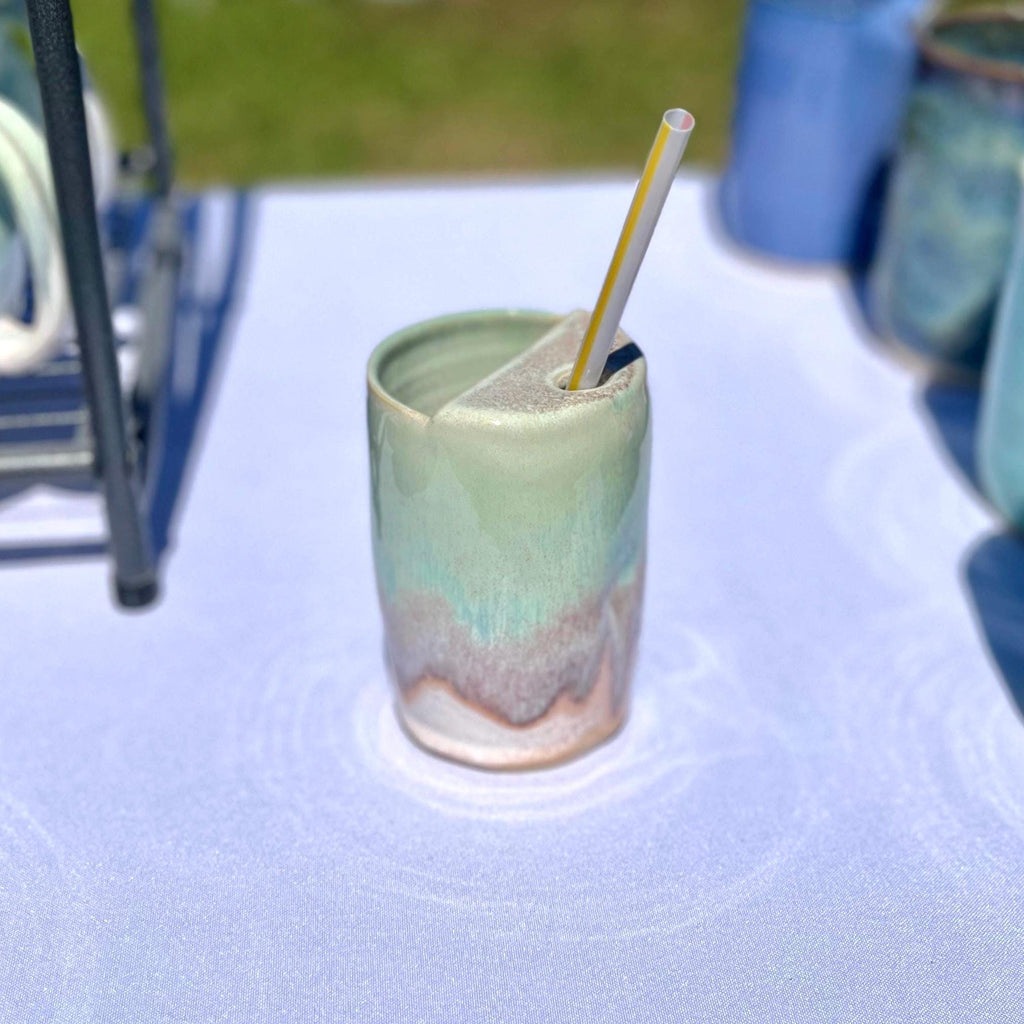 Handmade Pottery Travel Cup Stoneware Tumbler: Ceramic 12 Oz Travel Mug Denim Blue Turquoise Green White Cup