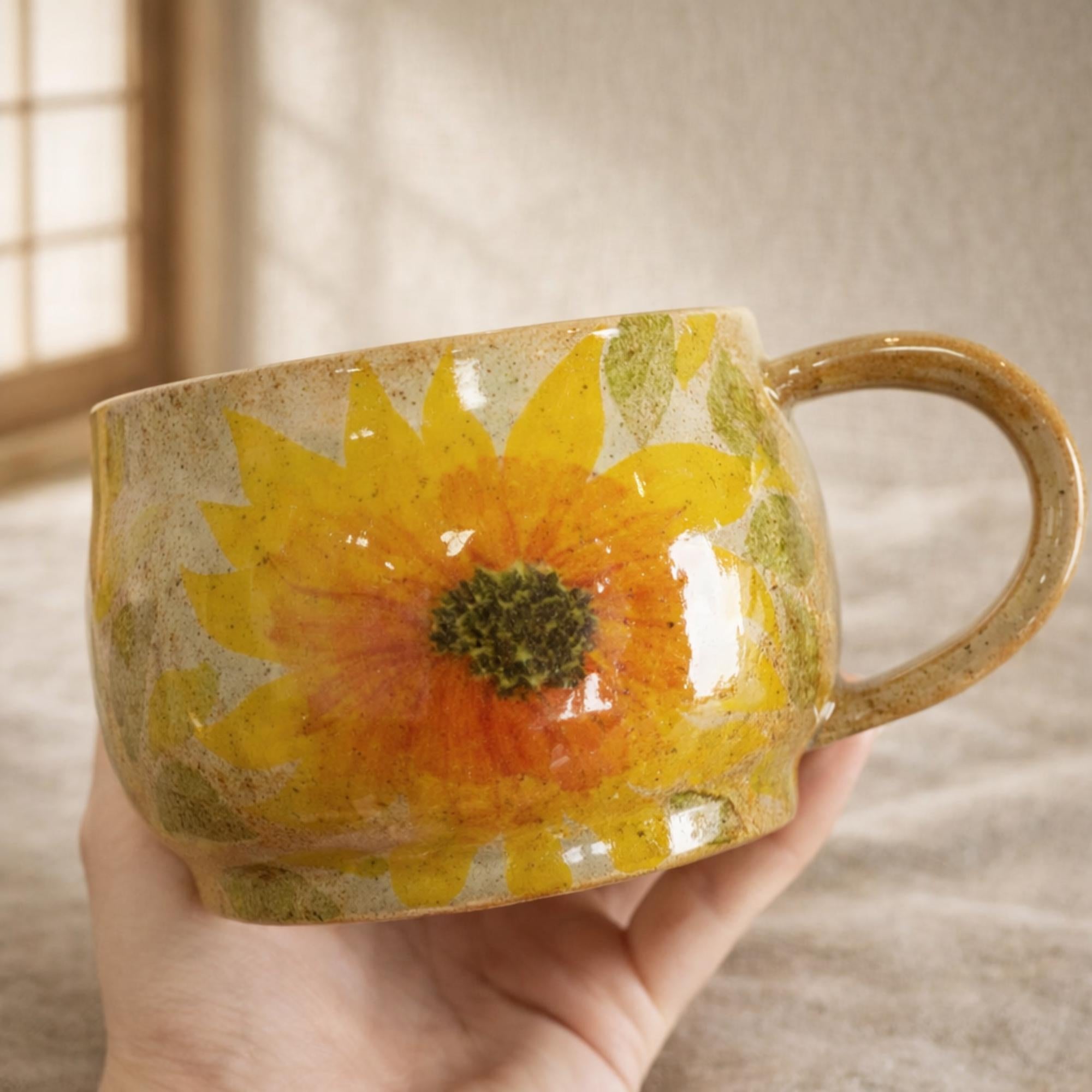 Handmade Sunflower Ceramic Coffee Mug, Hand Painted Floral Mug, Rustic Pottery Coffee Cup, Engagement Gift, Gift For Her