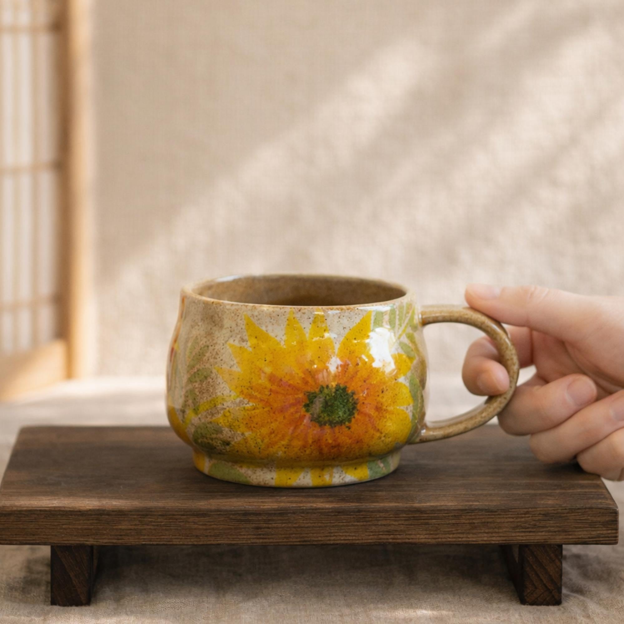 Handmade Sunflower Ceramic Coffee Mug, Hand Painted Floral Mug, Rustic Pottery Coffee Cup, Engagement Gift, Gift For Her