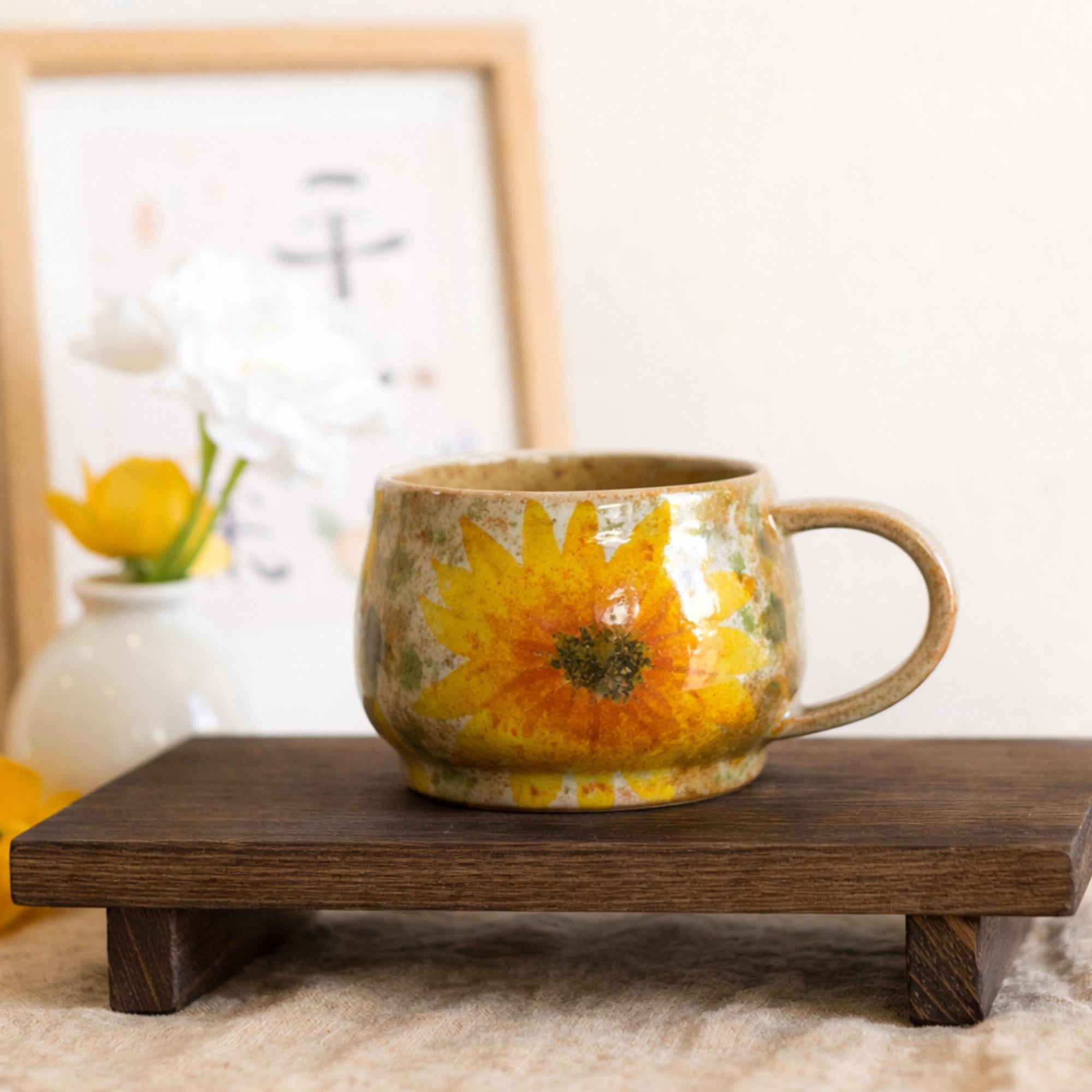 Handmade Sunflower Ceramic Coffee Mug, Hand Painted Floral Mug, Rustic Pottery Coffee Cup, Engagement Gift, Gift For Her
