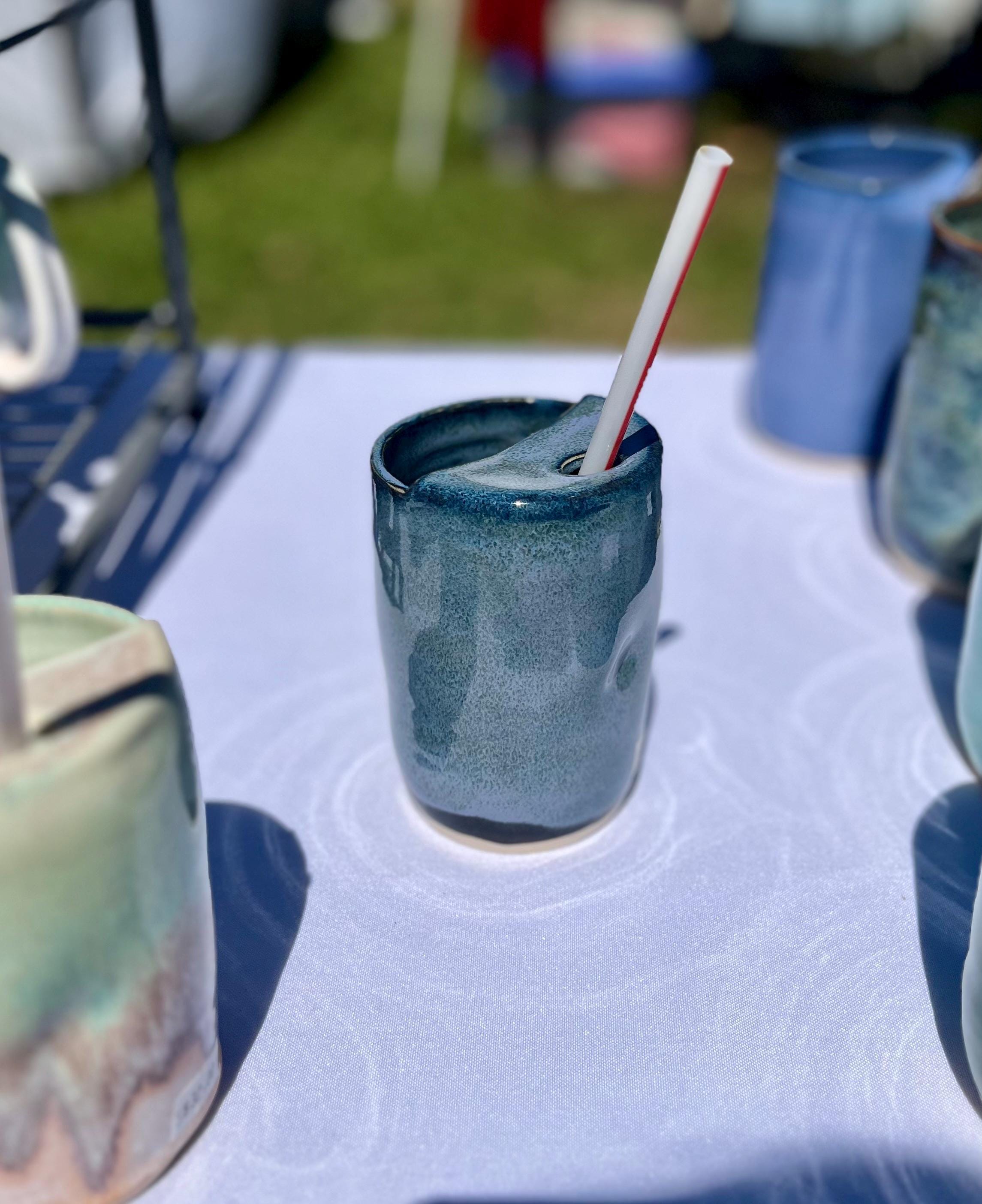 Handmade Pottery Travel Cup Stoneware Tumbler: Ceramic 12 Oz Travel Mug Denim Blue Turquoise Green White Cup