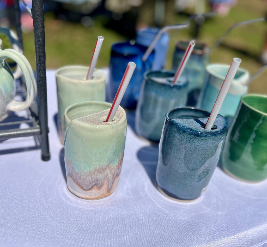 Handmade Pottery Travel Cup Stoneware Tumbler: Ceramic 12 Oz Travel Mug Denim Blue Turquoise Green White Cup