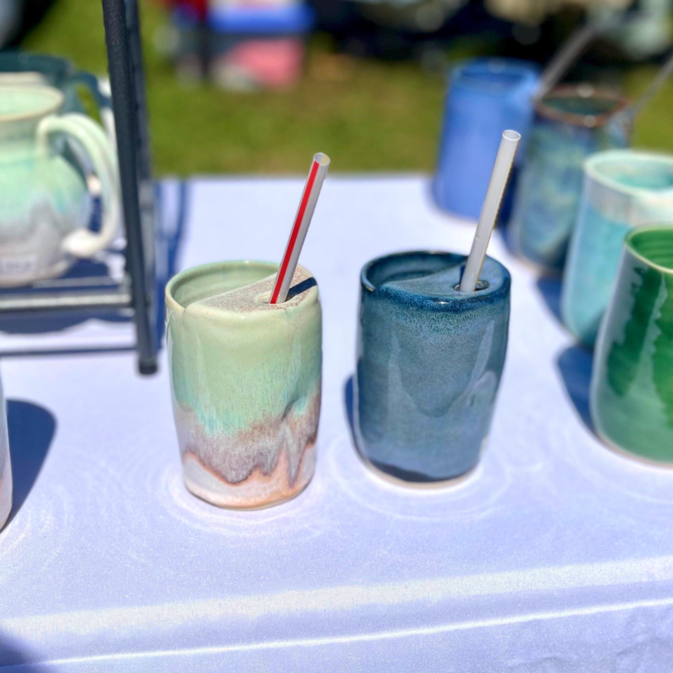 Handmade Pottery Travel Cup Stoneware Tumbler: Ceramic 12 Oz Travel Mug Denim Blue Turquoise Green White Cup